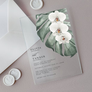 Invitations En Acrylique Orchidées blanches Mariage tropical moderne