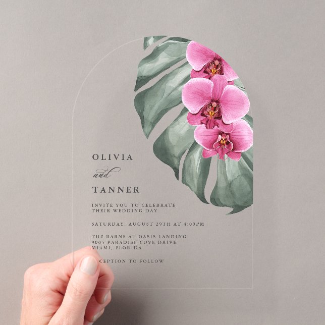 Invitations En Acrylique Orchidées roses chaudes Monstera Mariage floral tr (In situ (ordinateur de poche))