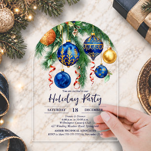 Invitations En Acrylique Ornements de Noël dorés et bleus Fête voûtée