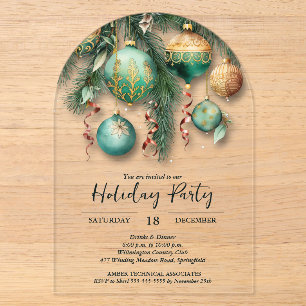 Invitations En Acrylique Ornements de Noël en vert et or pour fête
