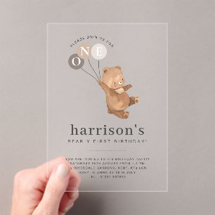 Invitations En Acrylique Ours avec 3 ballons Brown 1er anniversaire