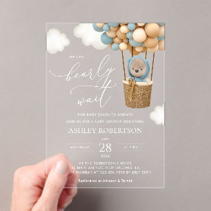 Invitations En Acrylique Ours, Ballons Bleus, Ballons à Air Chaud, Baby sho
