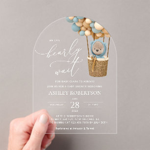 Invitations En Acrylique Ours, Ballons Bleus, Ballons à Air Chaud, Baby sho