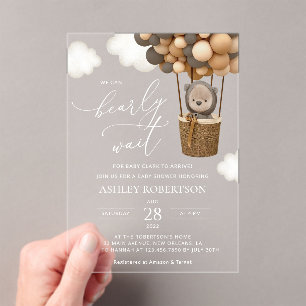 Invitations En Acrylique Ours, Ballons Brown, Ballons à air chaud, Baby sho