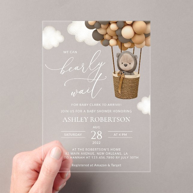 Invitations En Acrylique Ours, Ballons Brown, Ballons à air chaud, Baby sho (In situ (ordinateur de poche))