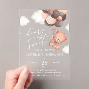 Invitations En Acrylique Ours, Ballons Brown, Premier Anniversaire