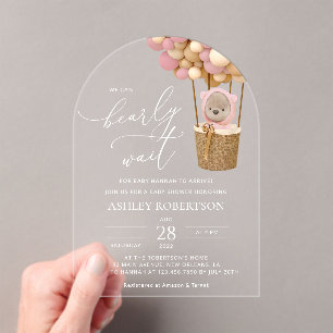 Invitations En Acrylique Ours, Ballons roses, Ballons à air chaud, Baby sho