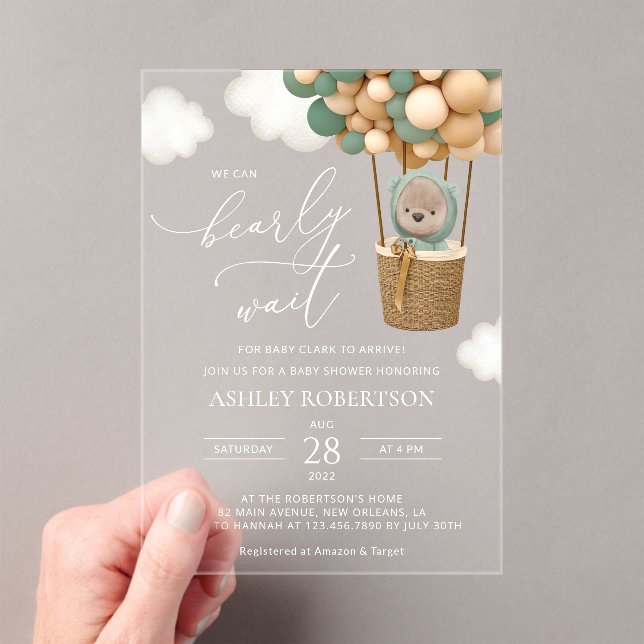 Invitations En Acrylique Ours, Ballons verts, Ballons à air chaud, Baby sho (In situ (ordinateur de poche))