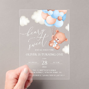 Invitations En Acrylique Ours Bébé, Ballons Bleus, Premier anniversaire