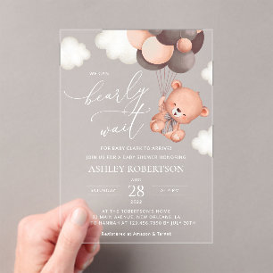Invitations En Acrylique ours bébé, ours en peluche, ballons Brown, Baby sh
