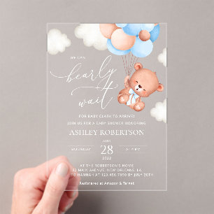 Invitations En Acrylique Ours Brun Bébé, Ours en Peluche, Ballons Bleus, Fê