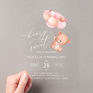 Invitations En Acrylique Ours De Bébé, Ballons Roses, Premier Anniversaire