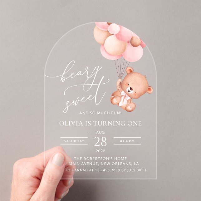 Invitations En Acrylique Ours De Bébé, Ballons Roses, Premier Anniversaire (In situ (ordinateur de poche))