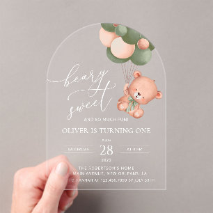 Invitations En Acrylique Ours de bébé, Ballons verts, Premier anniversaire