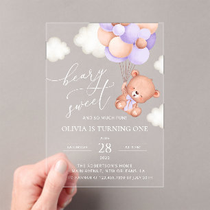 Invitations En Acrylique Ours De Bébé, Ballons Violets, Premier Anniversair