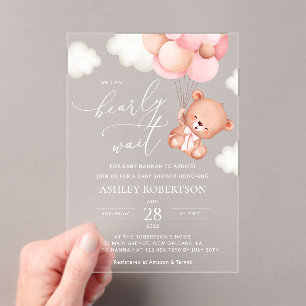 Invitations En Acrylique Ours De Bébé, Ours En Teddy, Ballons Roses, Baby s