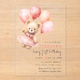 Invitations En Acrylique Ours en acrylique de luxe pour fille pour 1er anni