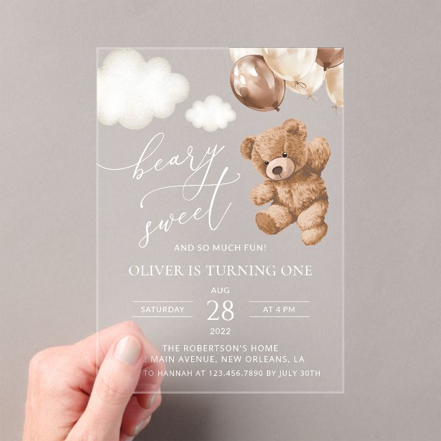 Invitations En Acrylique Ours En Joue, Ballons Brown, Premier Anniversaire (In situ (ordinateur de poche))