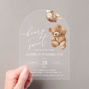 Invitations En Acrylique Ours En Joue, Ballons Brown, Premier Anniversaire