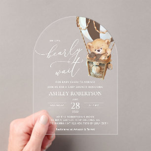 Invitations En Acrylique Ours en peluche, Ballon Brown à air chaud, Baby sh