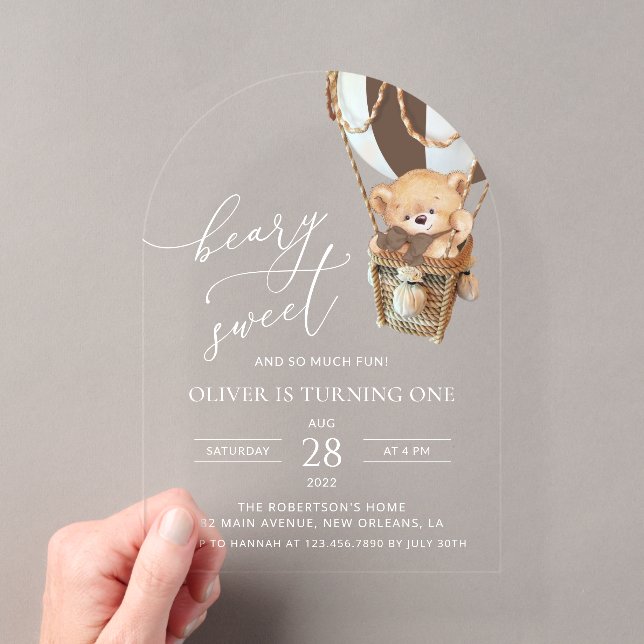 Invitations En Acrylique Ours en peluche, ballon Brown à air chaud, premier (In situ (ordinateur de poche))