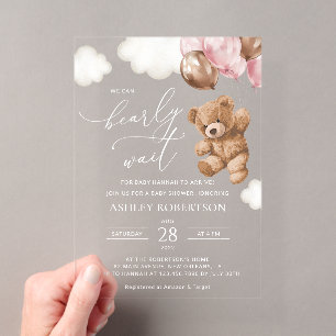 Invitations En Acrylique Ours en peluche, bébé ours, ballons roses, Baby Sh