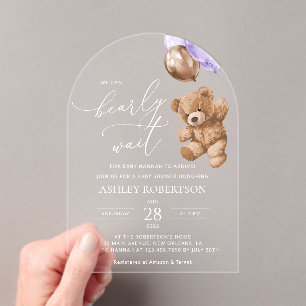 Invitations En Acrylique ours en peluche, ours bébé, ballon violet, Baby sh