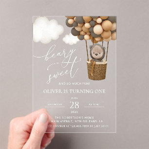 Invitations En Acrylique Ours mignon, Ballons Brown, Premier anniversaire