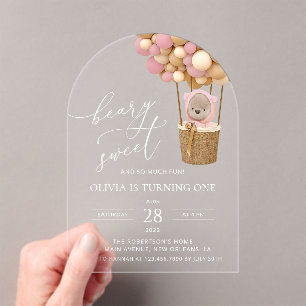 Invitations En Acrylique Ours mignon, Ballons roses, Premier Anniversaire
