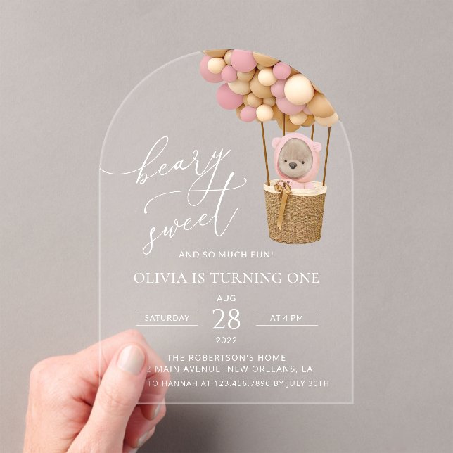 Invitations En Acrylique Ours mignon, Ballons roses, Premier Anniversaire (In situ (ordinateur de poche))