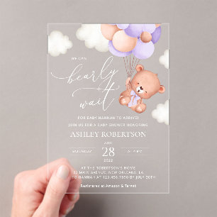 Invitations En Acrylique Ours, Ours mignon, Ballons pourpres, Baby shower