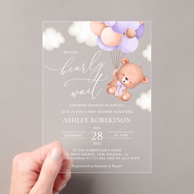 Invitations En Acrylique Ours, Ours mignon, Ballons pourpres, Baby shower (In situ (ordinateur de poche))