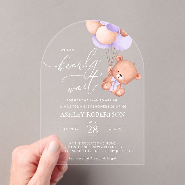 Invitations En Acrylique Ours, Ours mignon, Ballons pourpres, Baby shower (In situ (ordinateur de poche))