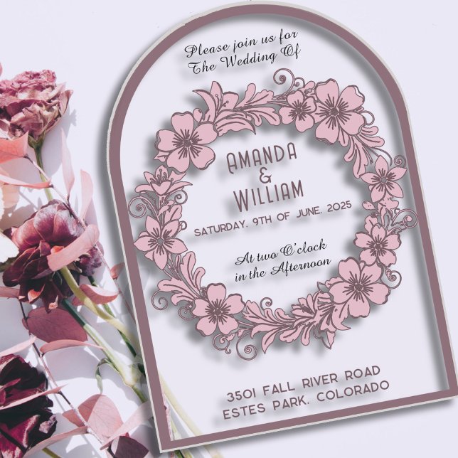 Invitations En Acrylique Paillette rose boue fleurie transparente (Créateur téléchargé)