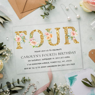 Invitations En Acrylique Paillettes dorées florales élégantes pour le 4e an