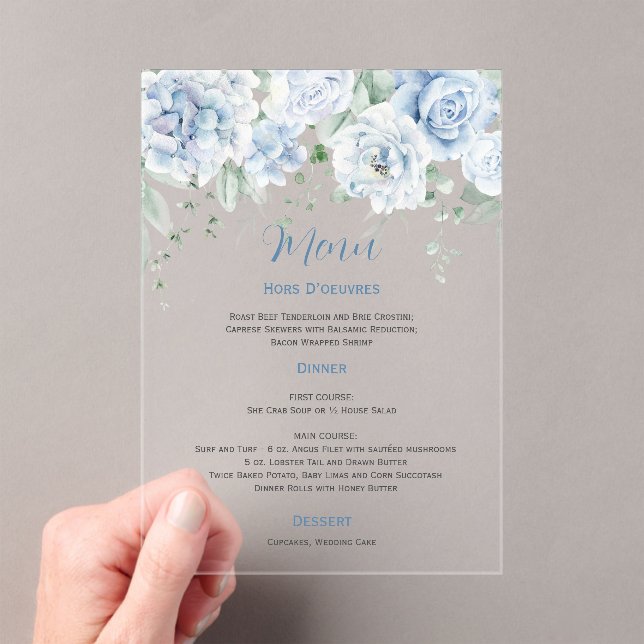 Invitations En Acrylique Pale Blue Floral Menu Mariage (In situ (ordinateur de poche))