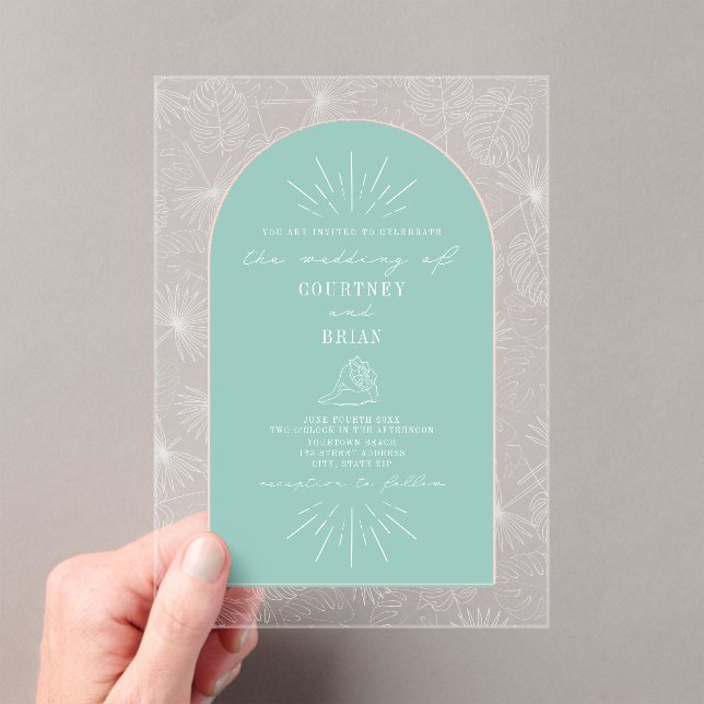 Invitations En Acrylique Palm Feuille Seashell Aqua Mariage tropical (In situ (ordinateur de poche))