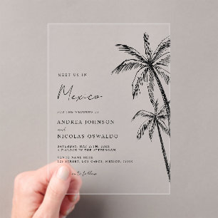 Invitations En Acrylique Palm Tree Sketch Voyage Plage Destination Mariage