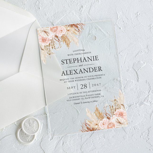 Invitations En Acrylique Pampas Grass rose Mariage Floral (Créateur téléchargé)