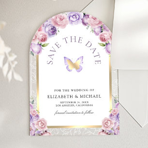 Invitations En Acrylique Papier à Sauvegarder Mariage Papillon Floral Rose
