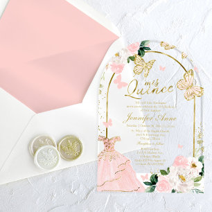 Invitations En Acrylique Papier Quinceañera Papillon Floral Or Rose 