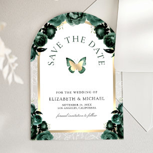 Invitations En Acrylique Papillon de mariage à arc vert émeraude, Save the