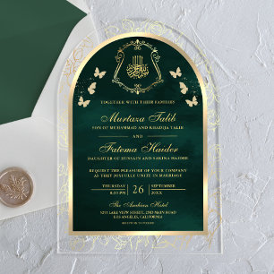 Invitations En Acrylique Papillon doré vert émeraude pour mariage musulman