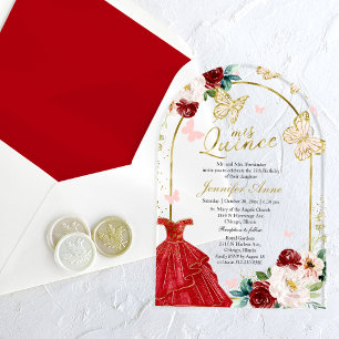 Invitations En Acrylique Papillon Floral Or Rouge Quinceañera 