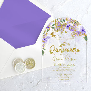 Invitations En Acrylique Papillon floral pourpre or Quinceañera