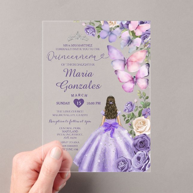 Invitations En Acrylique Papillon pourpre Floral Princesse Robe Quinceañera (In situ (ordinateur de poche))