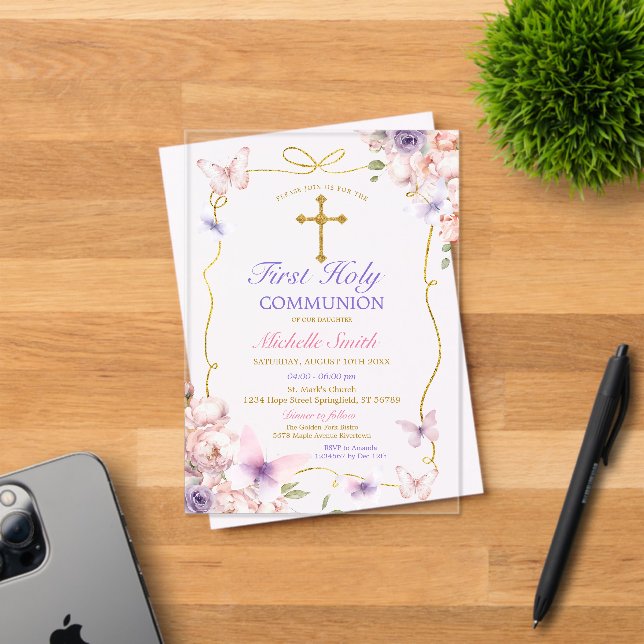 Invitations En Acrylique Papillon pourpre Rose Floral Première communion sa (Insitu (Carte d'invitation))