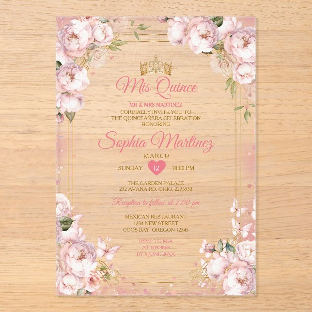 Invitations En Acrylique Papillon Quince Couronne Or Quinceañera Mis rose (Recto)