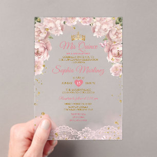 Invitations En Acrylique Papillon Quince Couronne Or Quinceañera Mis rose