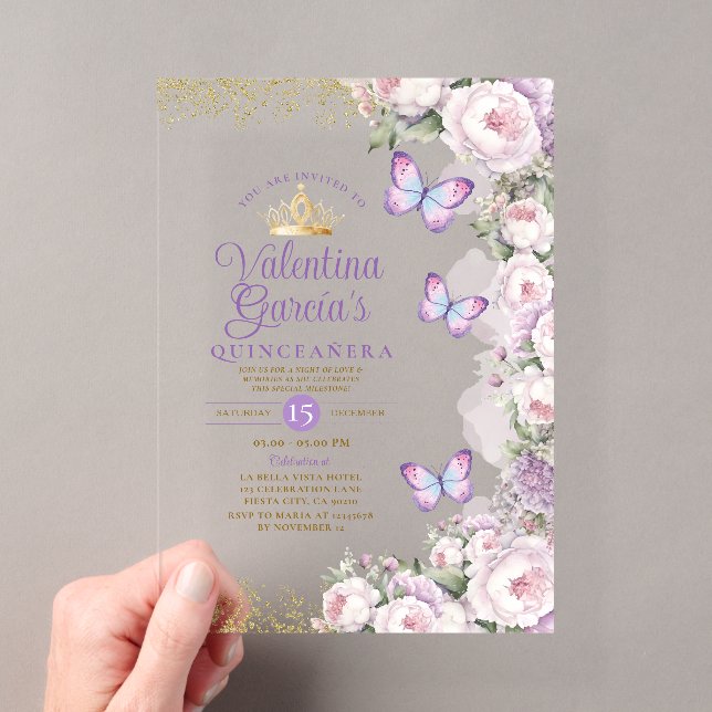 Invitations En Acrylique Papillon Quinceañera 15 Anos Purple Couronne Flora (In situ (ordinateur de poche))